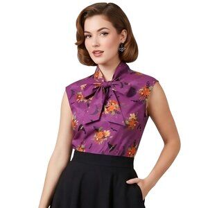 Retrolicious Purple Unique Novelty Halloween Print Sleeveless Bow Blouse Size L